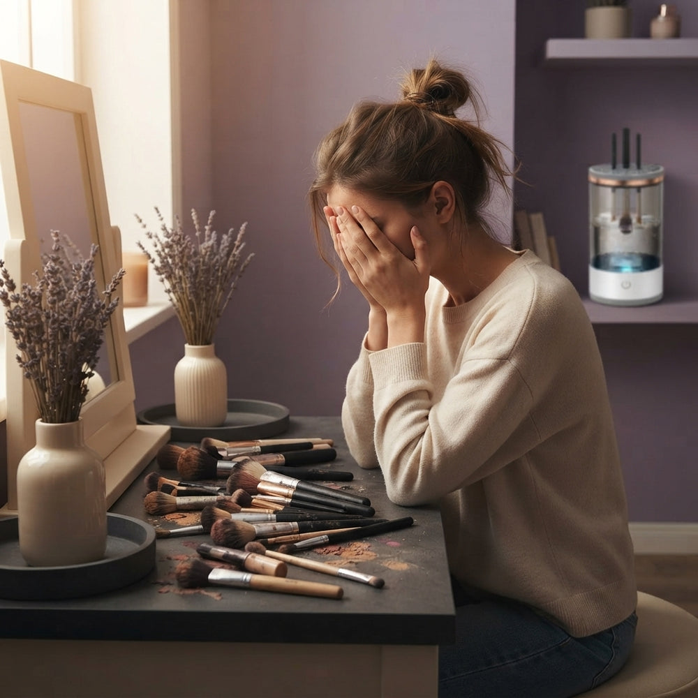 A woman looking at a pile of dirty makeup brushes on a vanity table, representing the chore of manual cleaning.